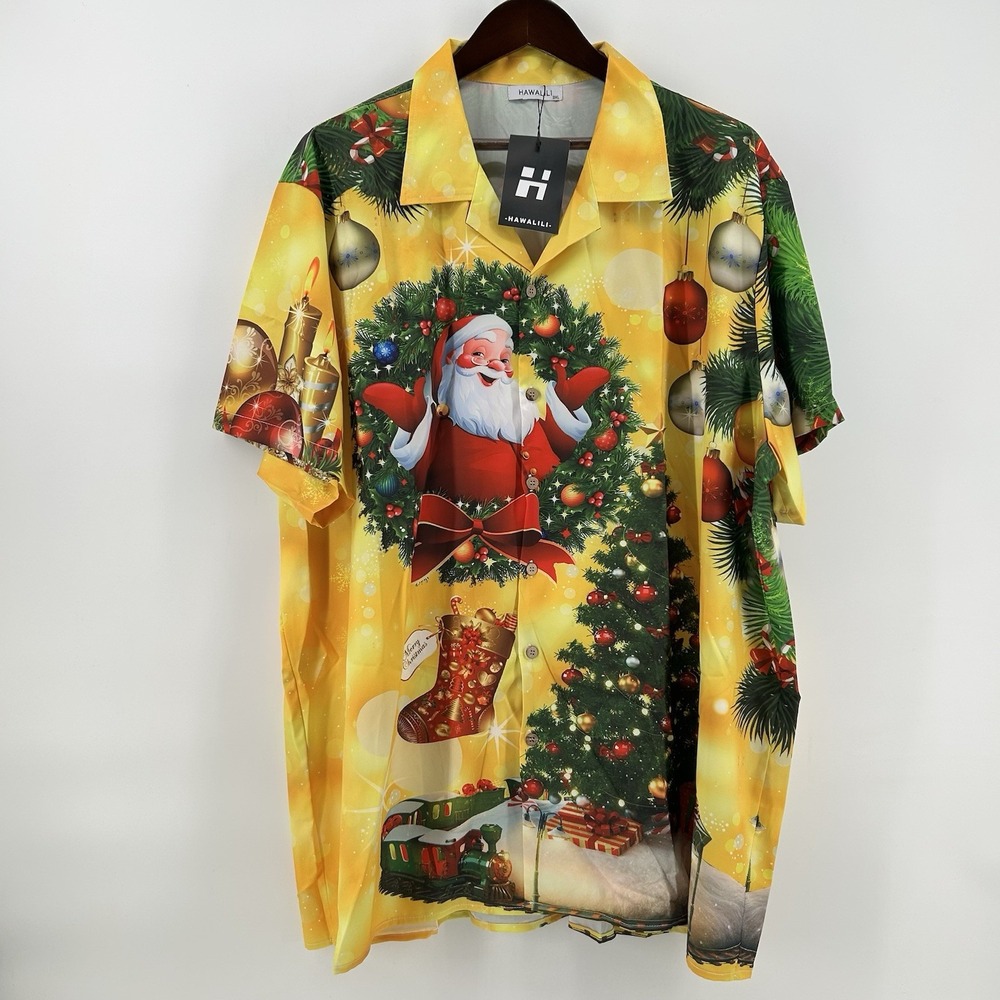 Hawalili Christmas Hawaiian Shirt Mens 3X Yellow Santa Aloha Holiday Party NWT